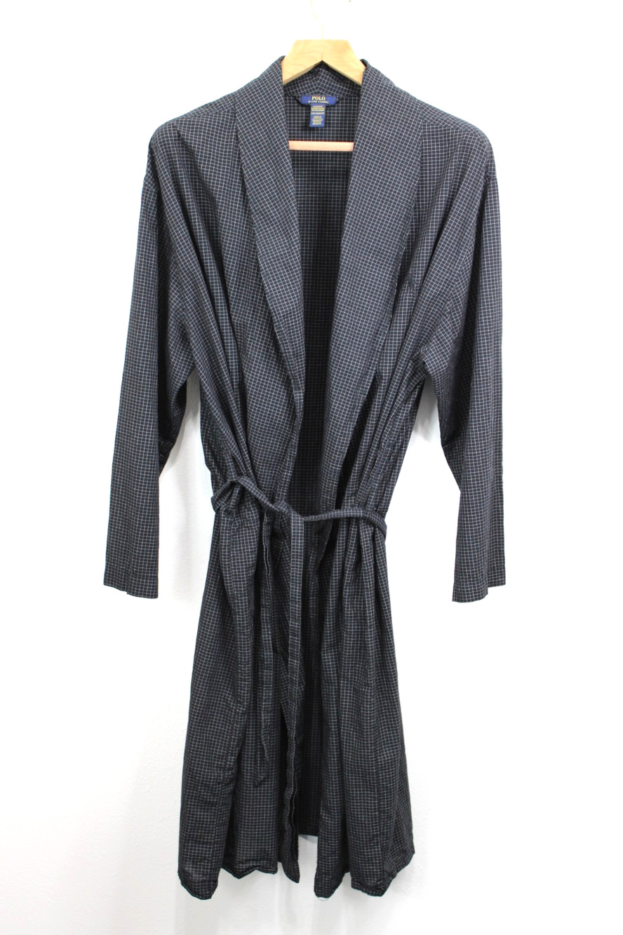 POLO Ralph Lauren Men's Bath Robe Cotton Black Plaid Checks Tie L/XL